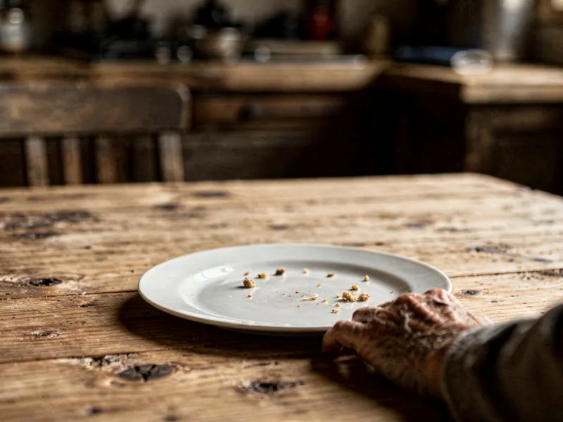 Prato quase vazio afastado sobre a mesa, com a mão de uma pessoa idosa ao lado